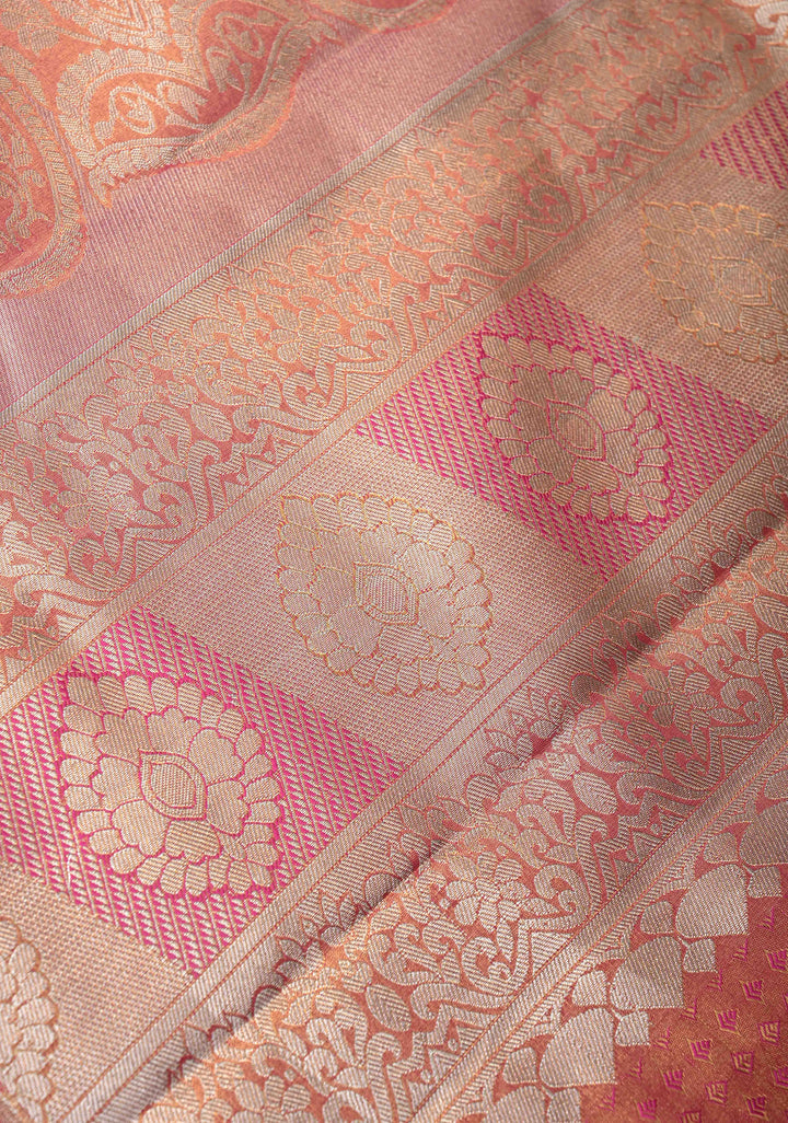 Green Dual Tone Meenakari Kanjivaram Brocade Tissue Semi Silk Saree with Contrast Zari Border