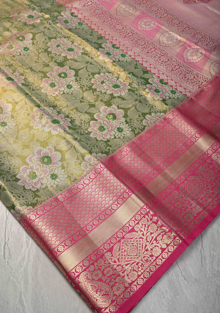 Green Dual Tone Meenakari Kanjivaram Brocade Tissue Semi Silk Saree with Contrast Zari Border