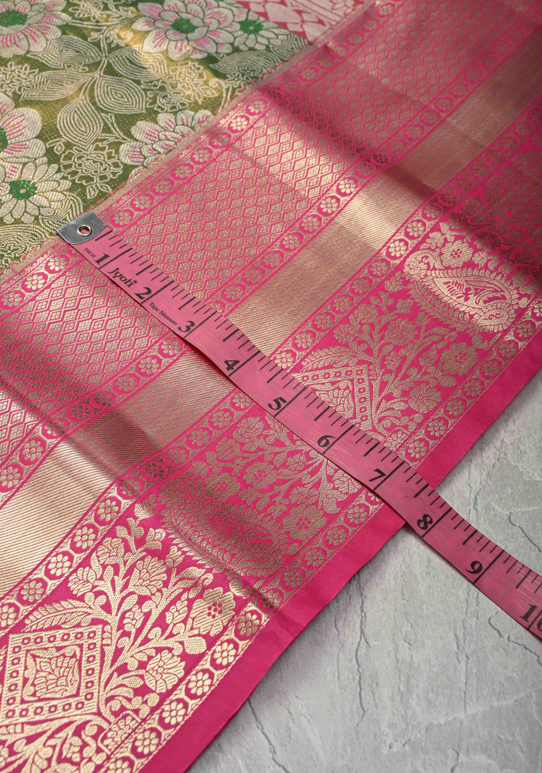 Green Dual Tone Meenakari Kanjivaram Brocade Tissue Semi Silk Saree with Contrast Zari Border