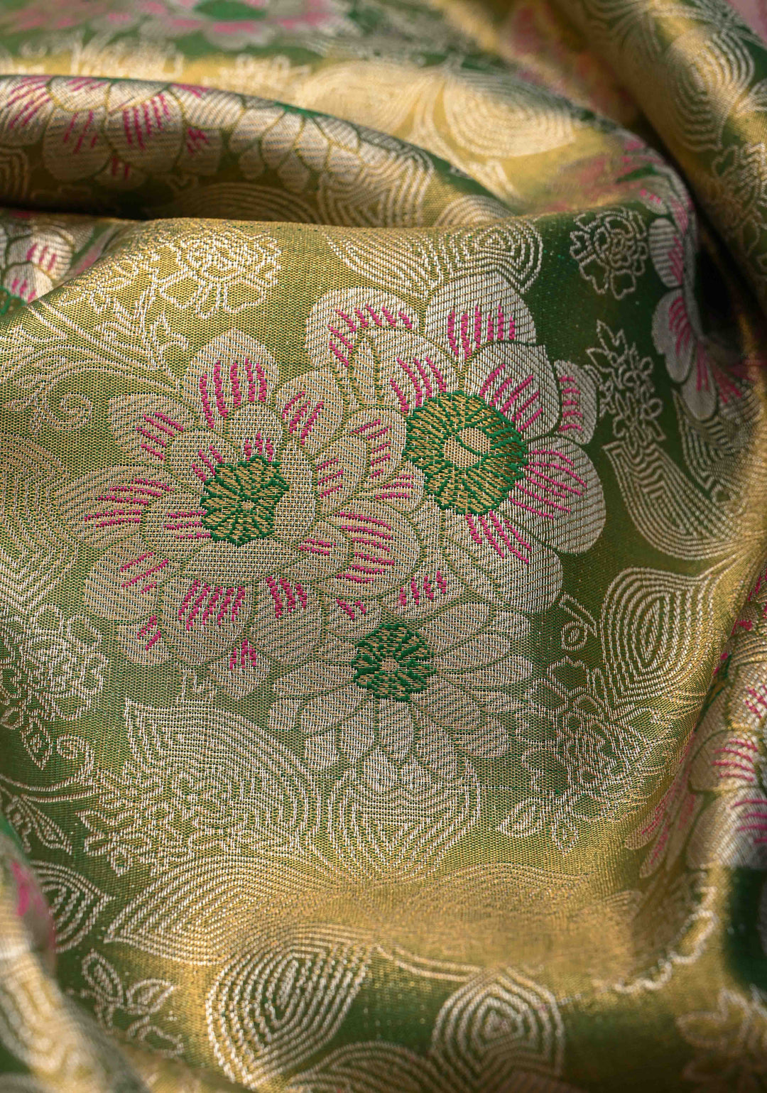 Green Dual Tone Meenakari Kanjivaram Brocade Tissue Semi Silk Saree with Contrast Zari Border