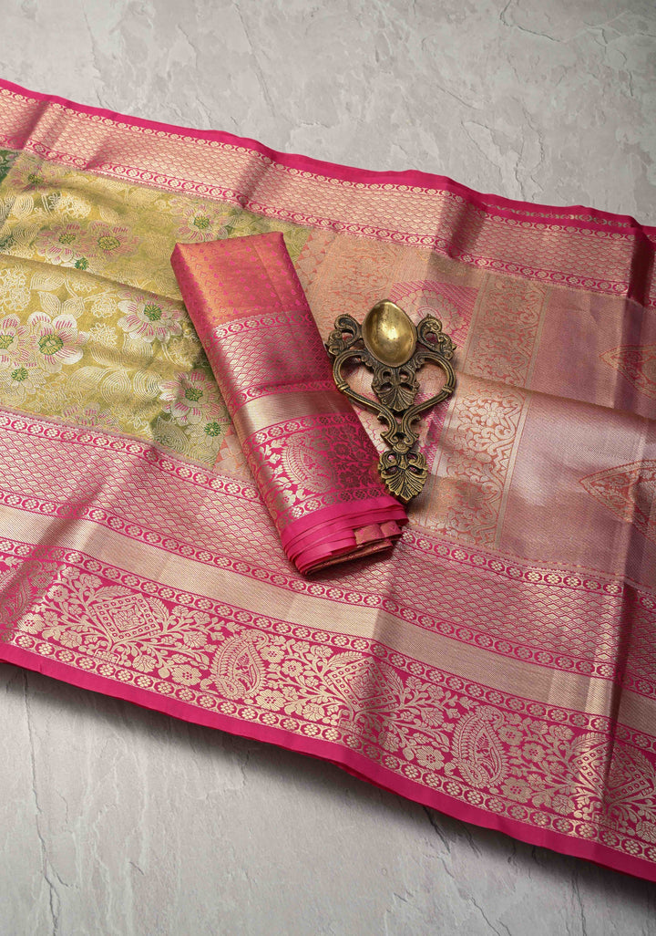 Green Dual Tone Meenakari Kanjivaram Brocade Tissue Semi Silk Saree with Contrast Zari Border