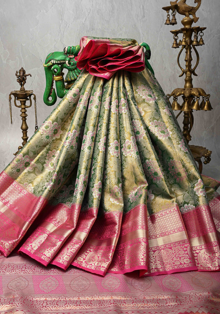 Green Dual Tone Meenakari Kanjivaram Brocade Tissue Semi Silk Saree with Contrast Zari Border