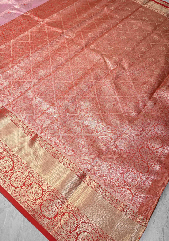 Rose Pink Kanjivaram Tissue Semi Silk Saree with Meenakari Geometric Brocade and Contrast Zari Border