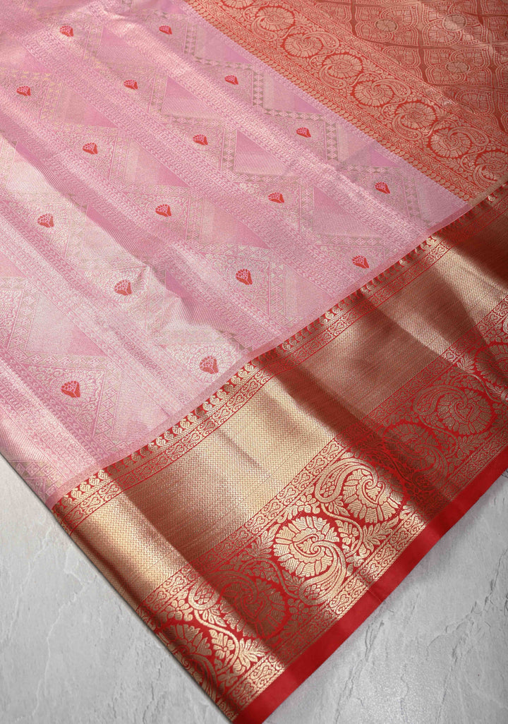Rose Pink Kanjivaram Tissue Semi Silk Saree with Meenakari Geometric Brocade and Contrast Zari Border