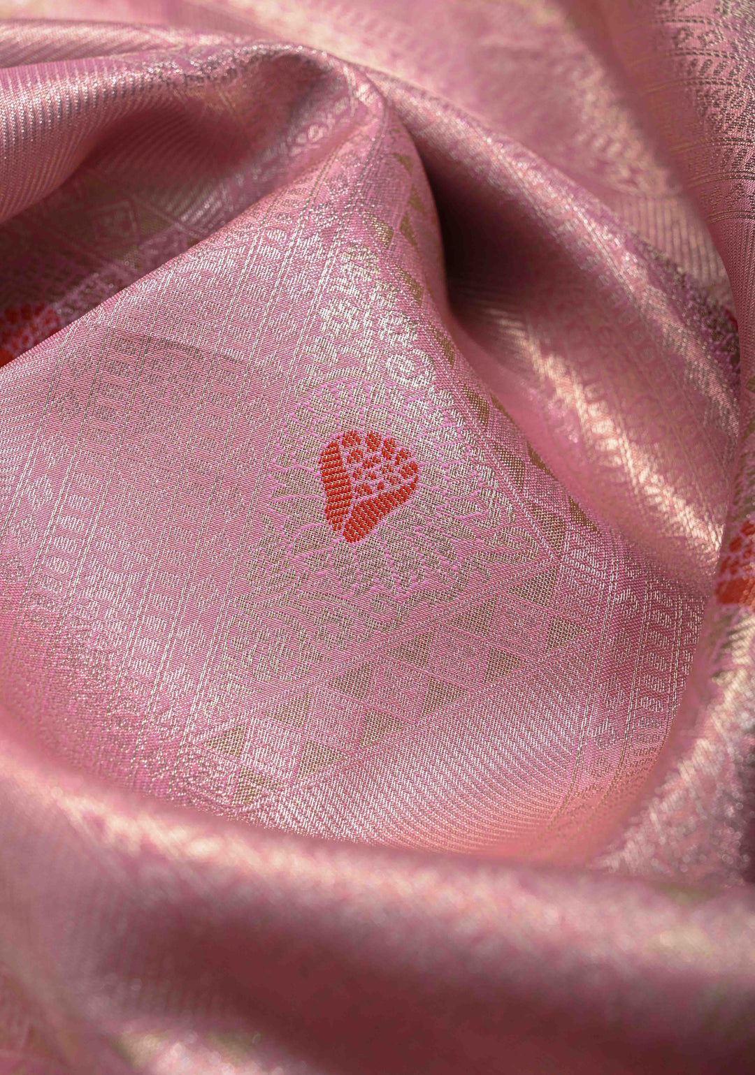 Rose Pink Kanjivaram Tissue Semi Silk Saree with Meenakari Geometric Brocade and Contrast Zari Border