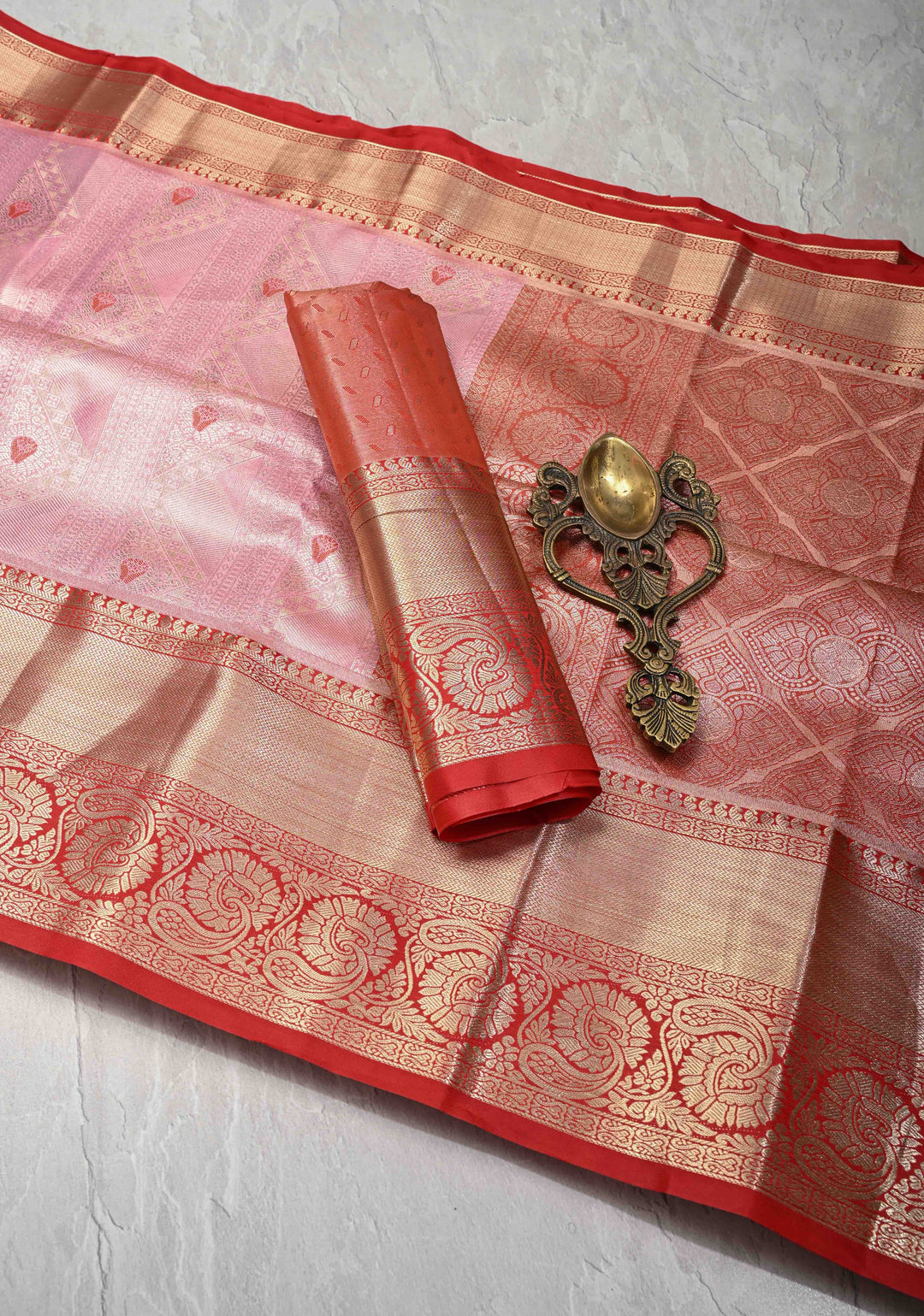 Rose Pink Kanjivaram Tissue Semi Silk Saree with Meenakari Geometric Brocade and Contrast Zari Border