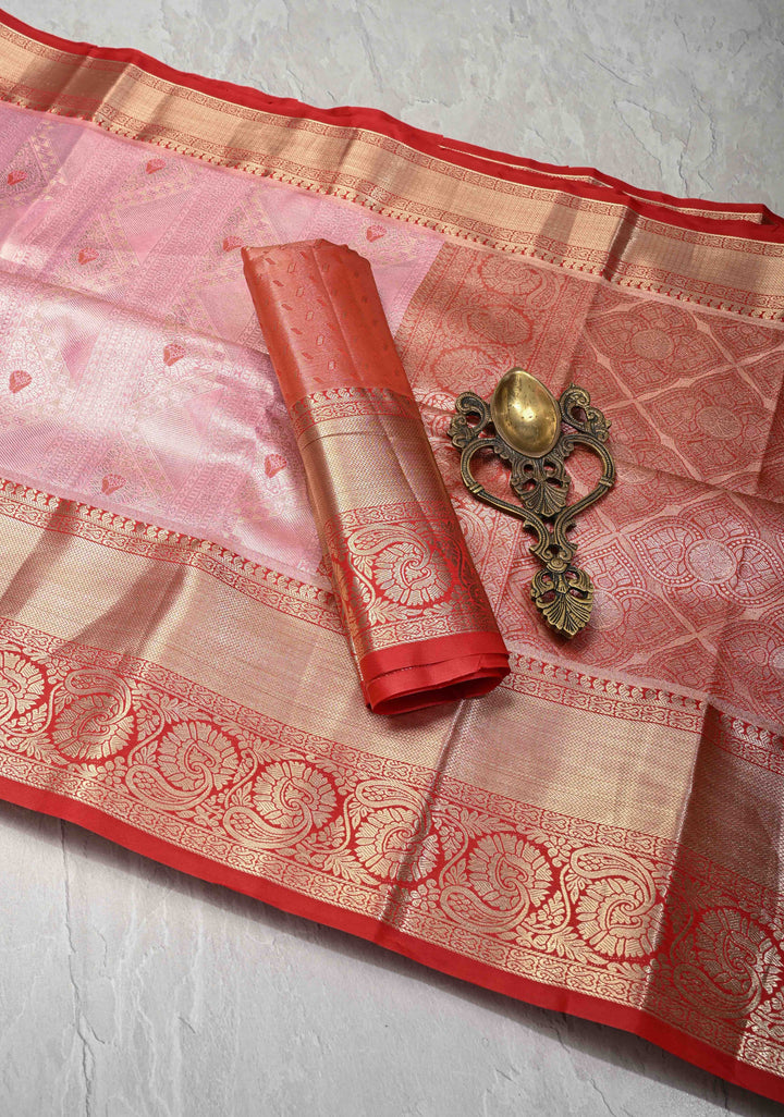 Rose Pink Kanjivaram Tissue Semi Silk Saree with Meenakari Geometric Brocade and Contrast Zari Border