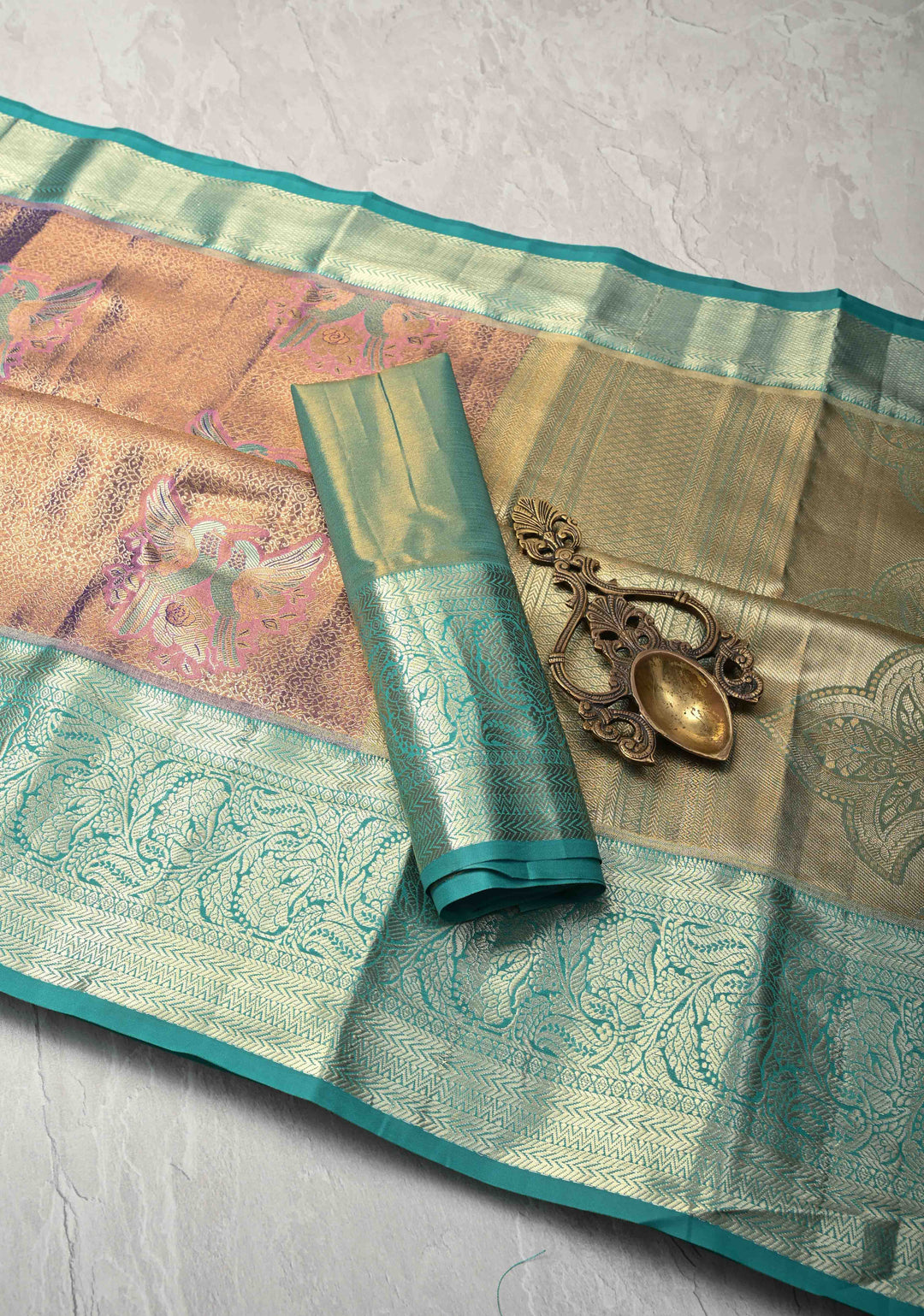 Purple Brocade Jaal on Kanjivaram Tissue Semi Silk Saree with Meenakari Twin Birds Buttas and Contrast Zari Border