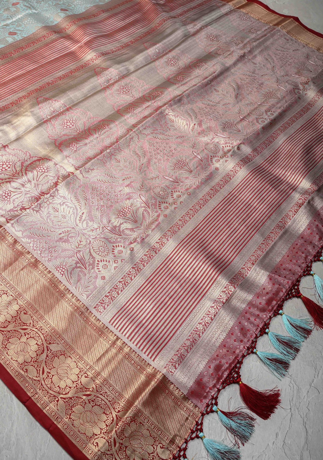 Powder Blue Kanjivaram Tissue Semi Silk Saree with Meenakari Floral Brocade and Contrast Zari Border