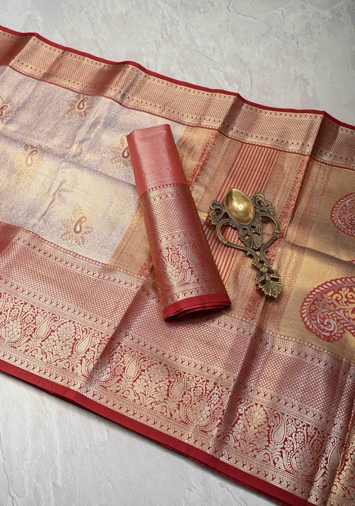 Brocade Gray Semi Silk Saree with Paisley Motifs and Zari Border