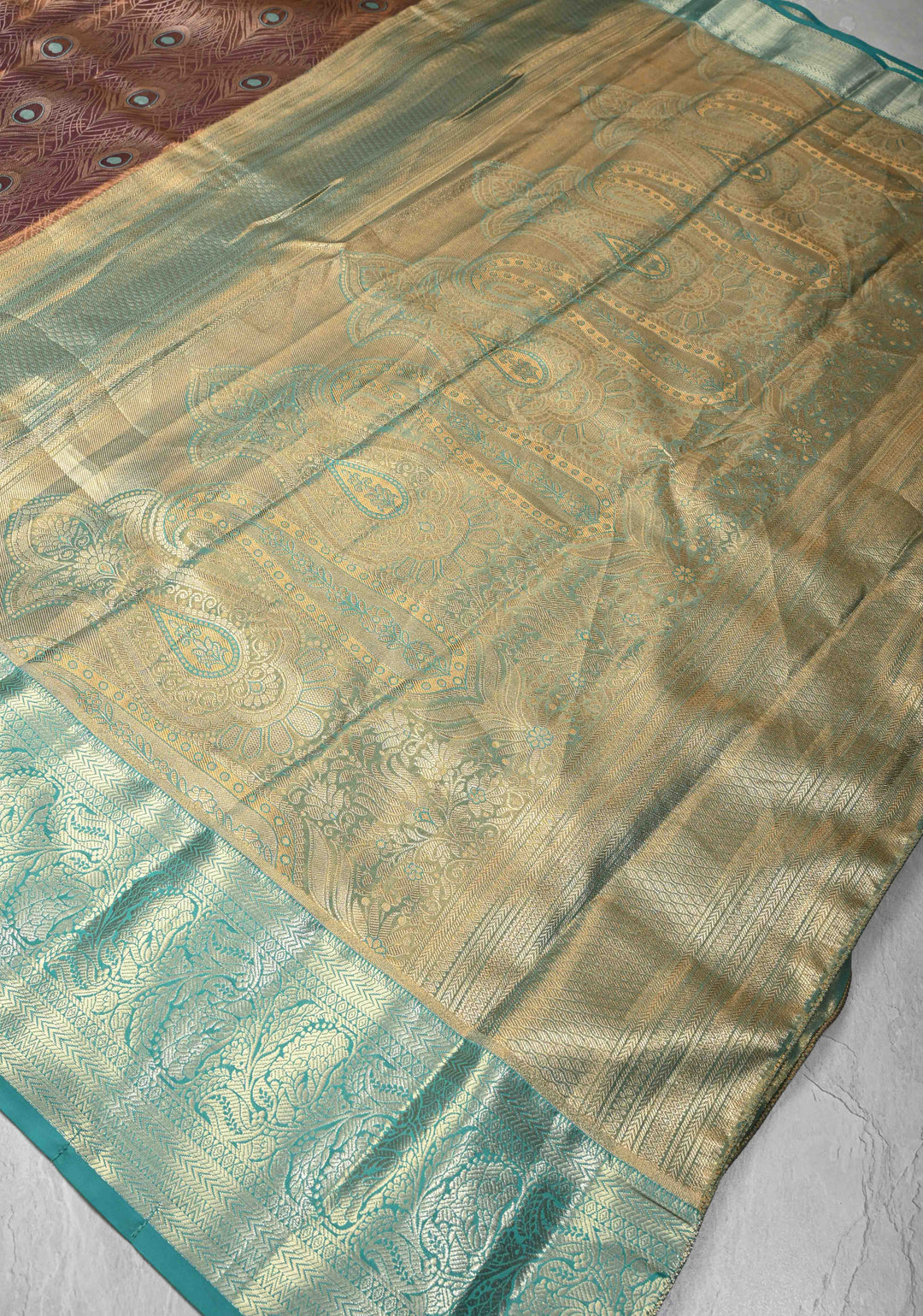 Brown Meenakari Peacock Feather Brocade Kanjivaram Tissue Semi Silk Saree with Contrast Zari Border