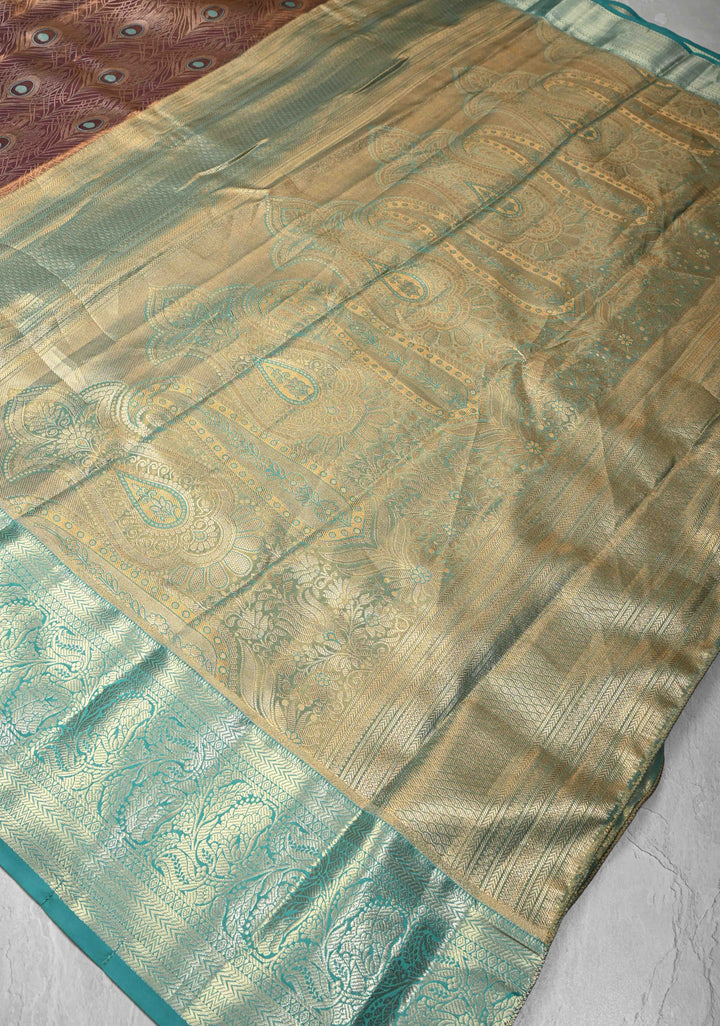 Brown Meenakari Peacock Feather Brocade Kanjivaram Tissue Semi Silk Saree with Contrast Zari Border