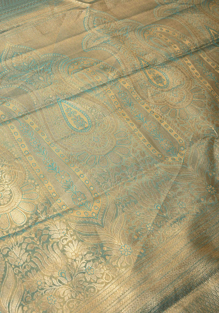 Brown Meenakari Peacock Feather Brocade Kanjivaram Tissue Semi Silk Saree with Contrast Zari Border