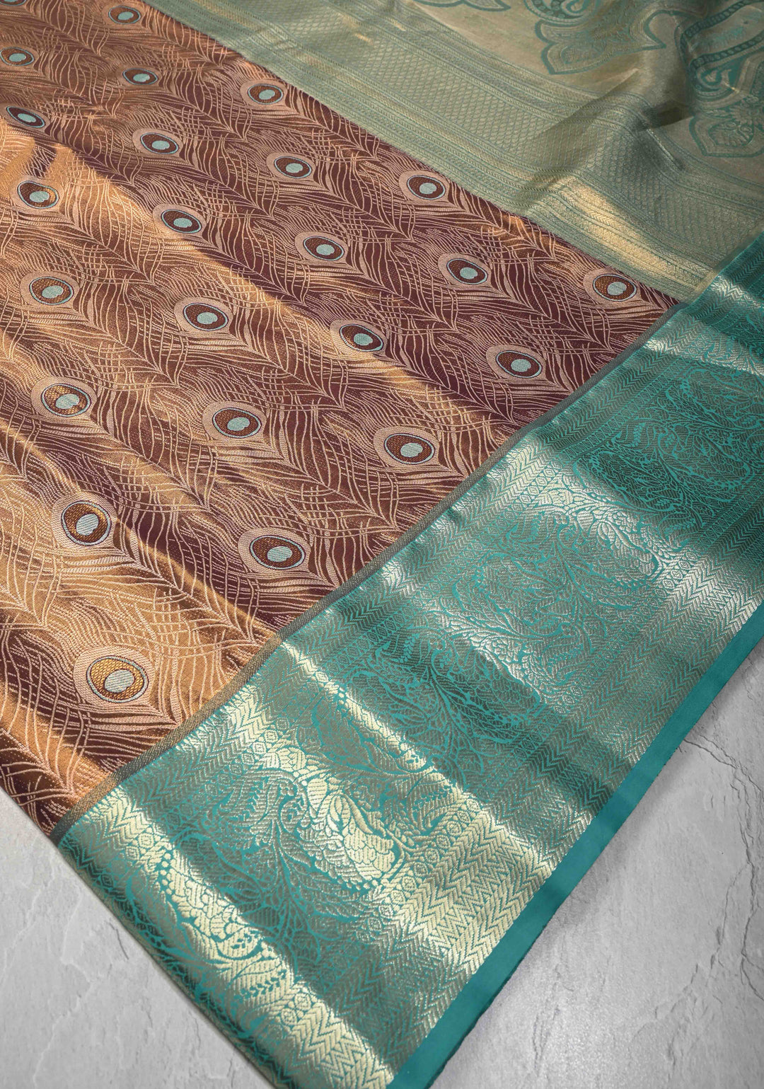 Brown Meenakari Peacock Feather Brocade Kanjivaram Tissue Semi Silk Saree with Contrast Zari Border