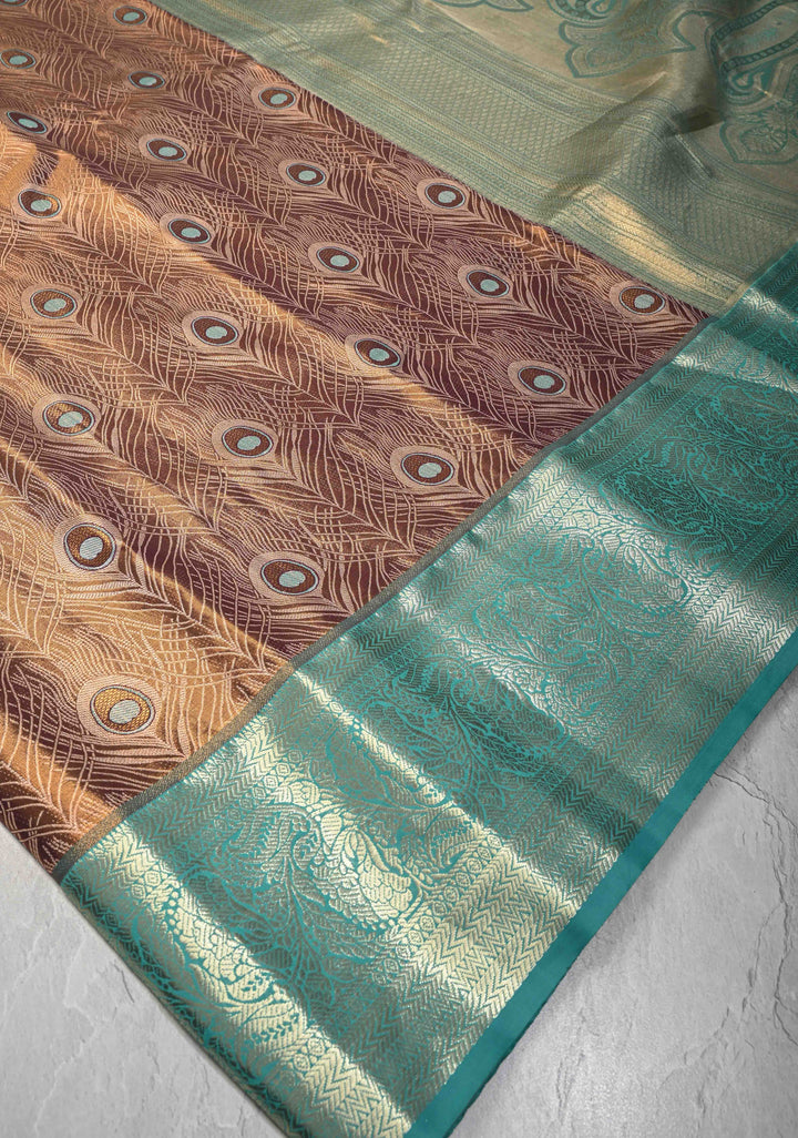 Brown Meenakari Peacock Feather Brocade Kanjivaram Tissue Semi Silk Saree with Contrast Zari Border