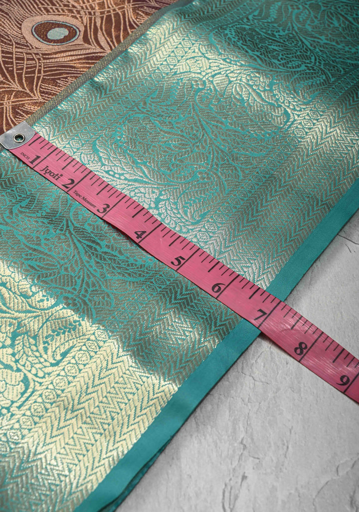 Brown Meenakari Peacock Feather Brocade Kanjivaram Tissue Semi Silk Saree with Contrast Zari Border