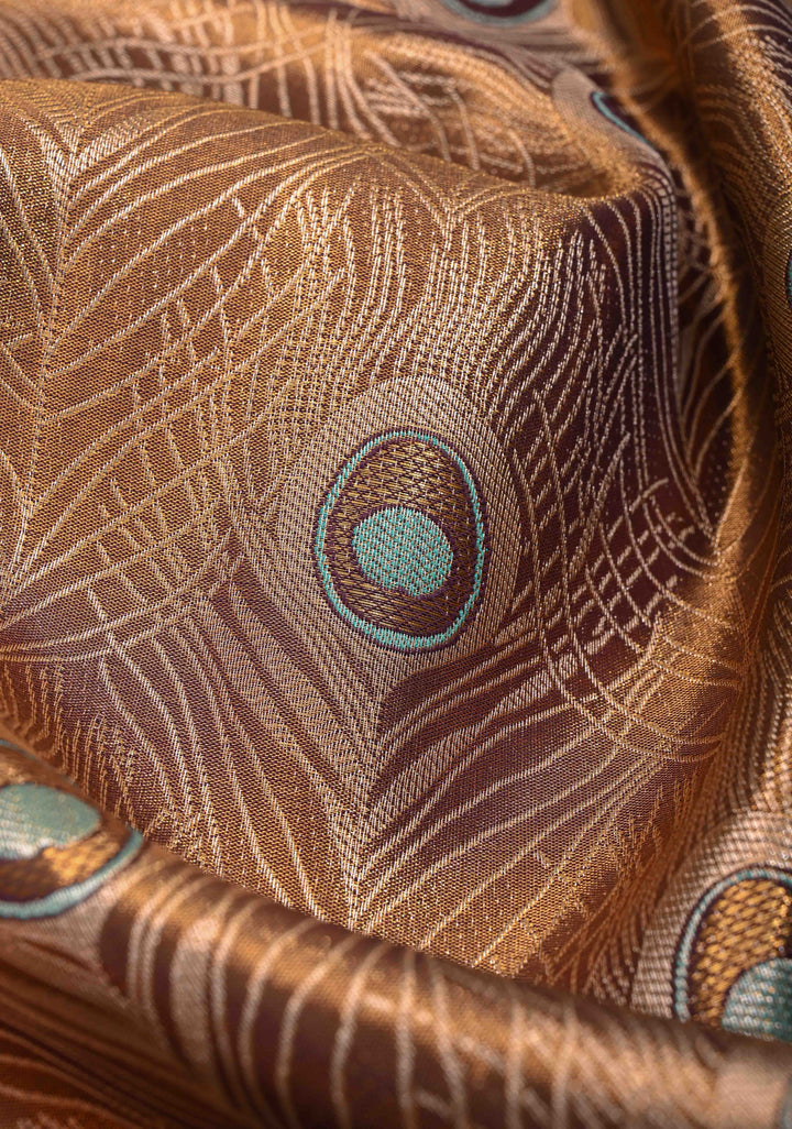Brown Meenakari Peacock Feather Brocade Kanjivaram Tissue Semi Silk Saree with Contrast Zari Border