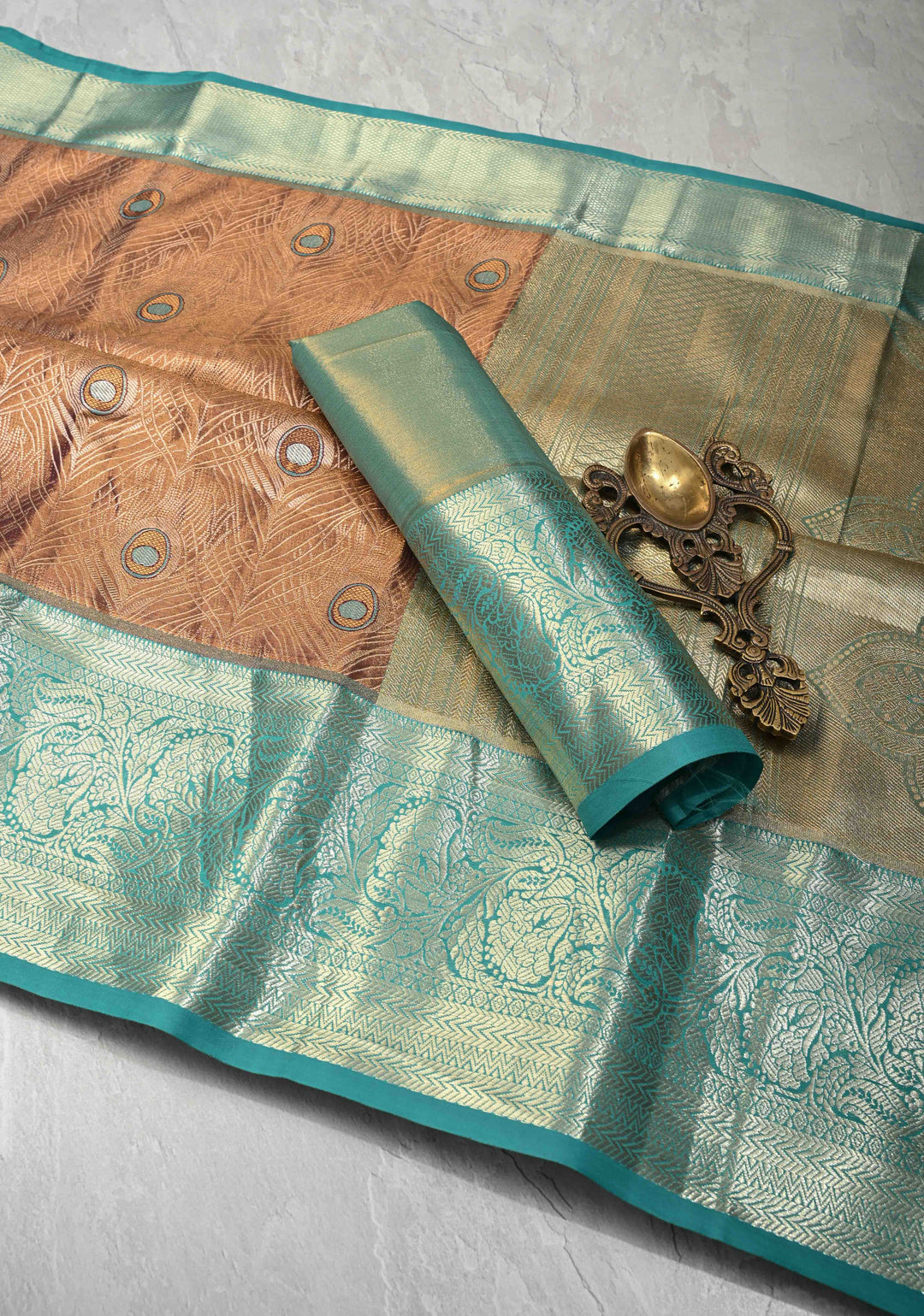 Brown Meenakari Peacock Feather Brocade Kanjivaram Tissue Semi Silk Saree with Contrast Zari Border