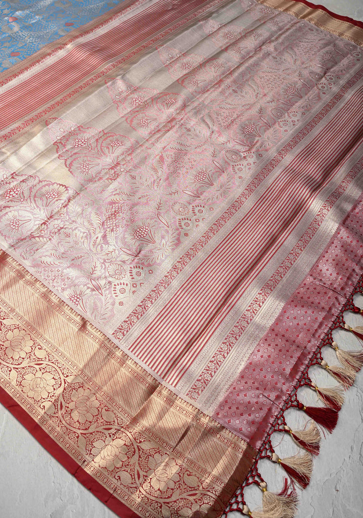 Azure Blue Floral Brocade on Kanjivaram Tissue Semi Silk Saree with Meenakari Buttas and Contrast Zari Border