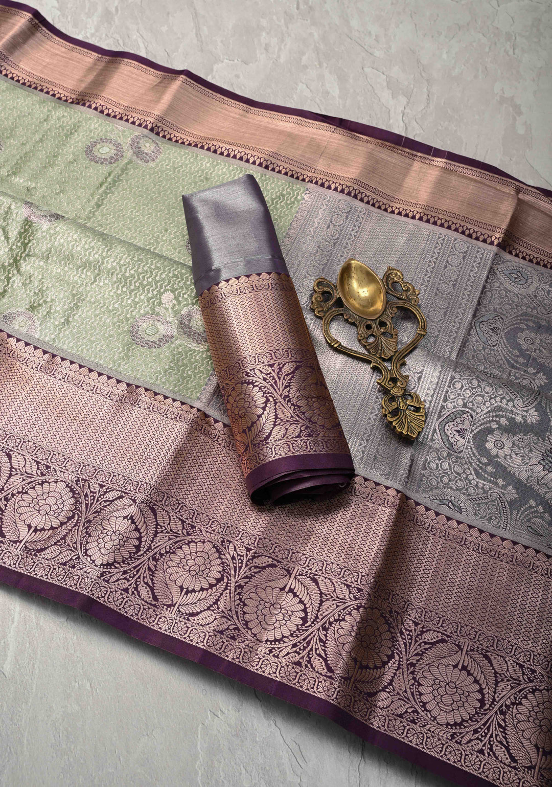 Fern Green Meenakari Kanjivaram Brocade Tissue Semi Silk Saree with Contrast Zari Border