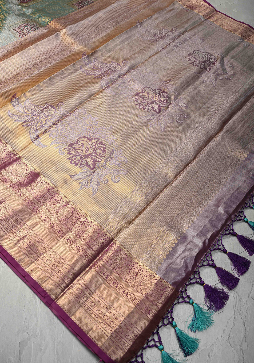 Teal Brocade Jaal on Kanjivaram Tissue Semi Silk Saree with Meenakari Peacock Buttas and Zari Border
