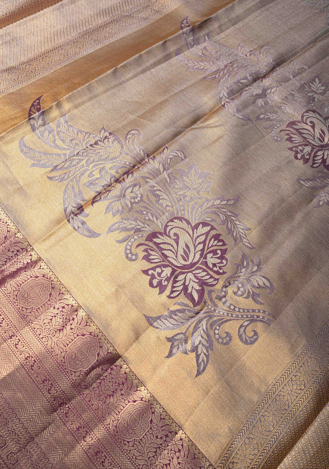 Teal Brocade Jaal on Kanjivaram Tissue Semi Silk Saree with Meenakari Peacock Buttas and Zari Border