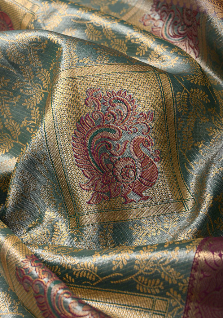 Teal Brocade Jaal on Kanjivaram Tissue Semi Silk Saree with Meenakari Peacock Buttas and Zari Border