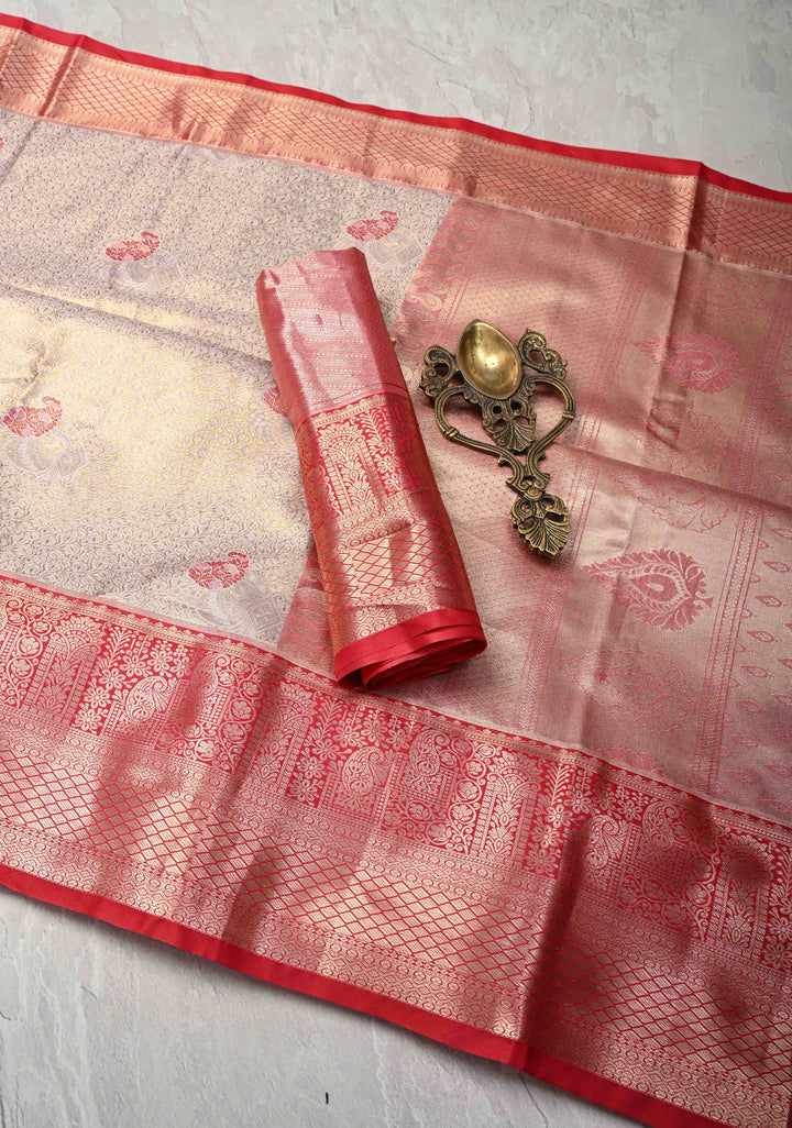 Lilac Meenakari Kanjivaram Brocade Tissue Semi Silk Saree with Contrast Zari Border