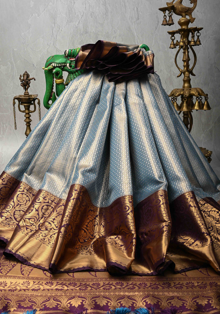 Peacock Blue Brocade on Kanjivaram Tissue Semi Silk Saree with Contrast Zari Border