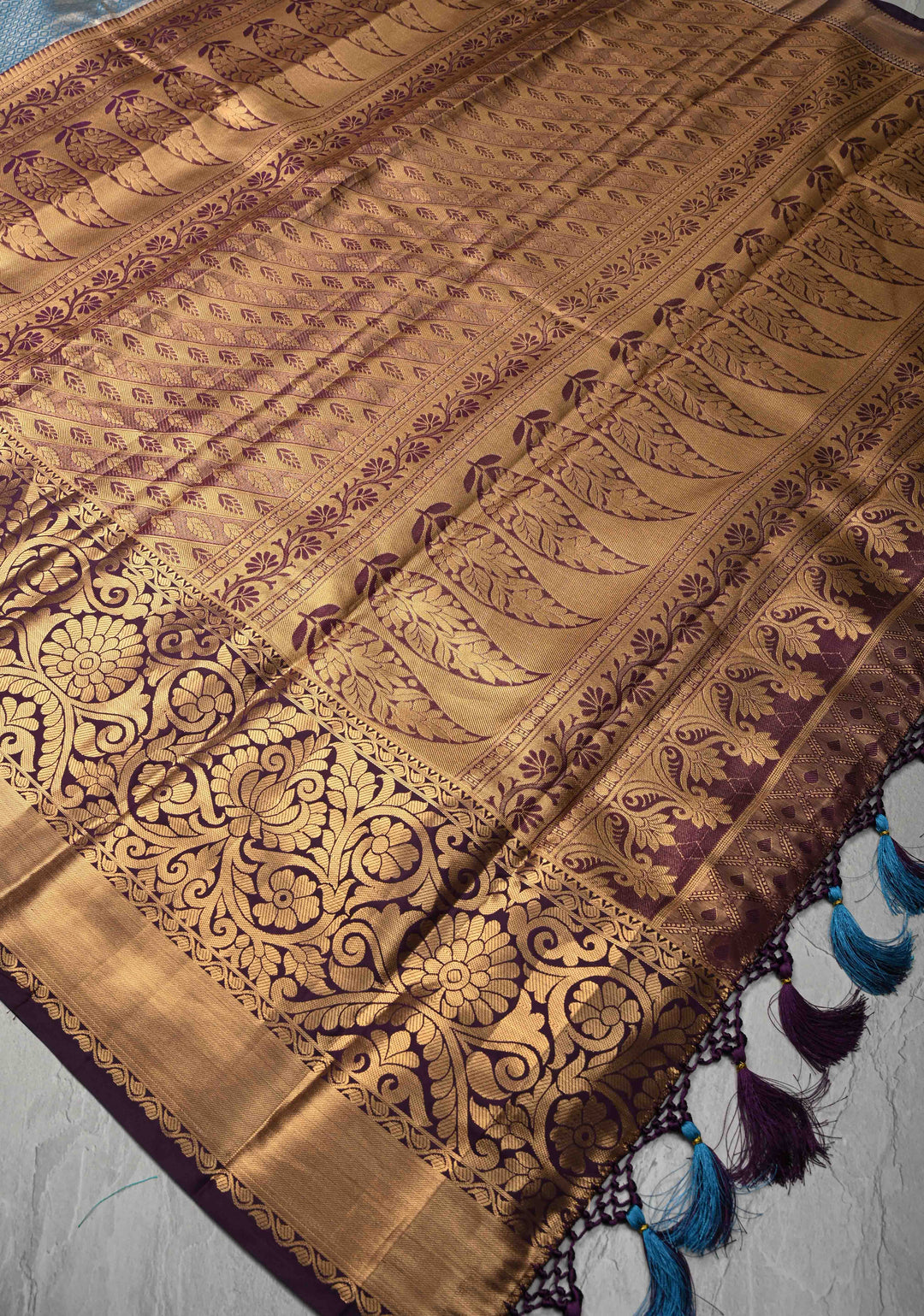 Peacock Blue Brocade on Kanjivaram Tissue Semi Silk Saree with Contrast Zari Border