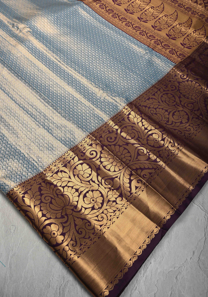 Peacock Blue Brocade on Kanjivaram Tissue Semi Silk Saree with Contrast Zari Border