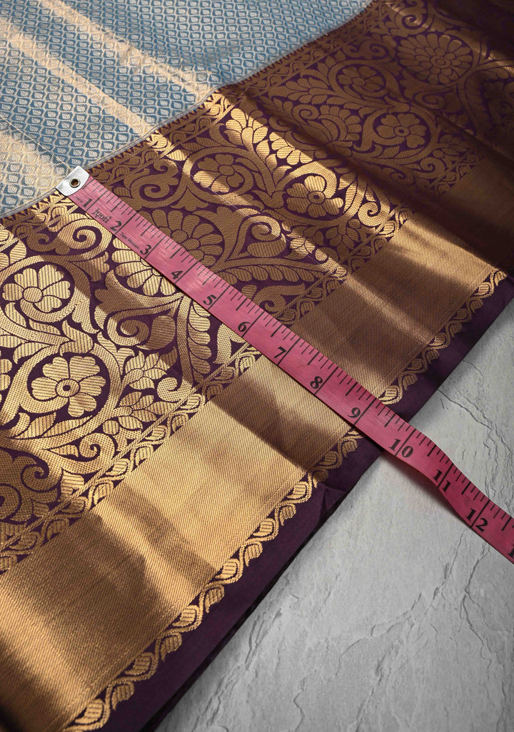 Peacock Blue Brocade on Kanjivaram Tissue Semi Silk Saree with Contrast Zari Border