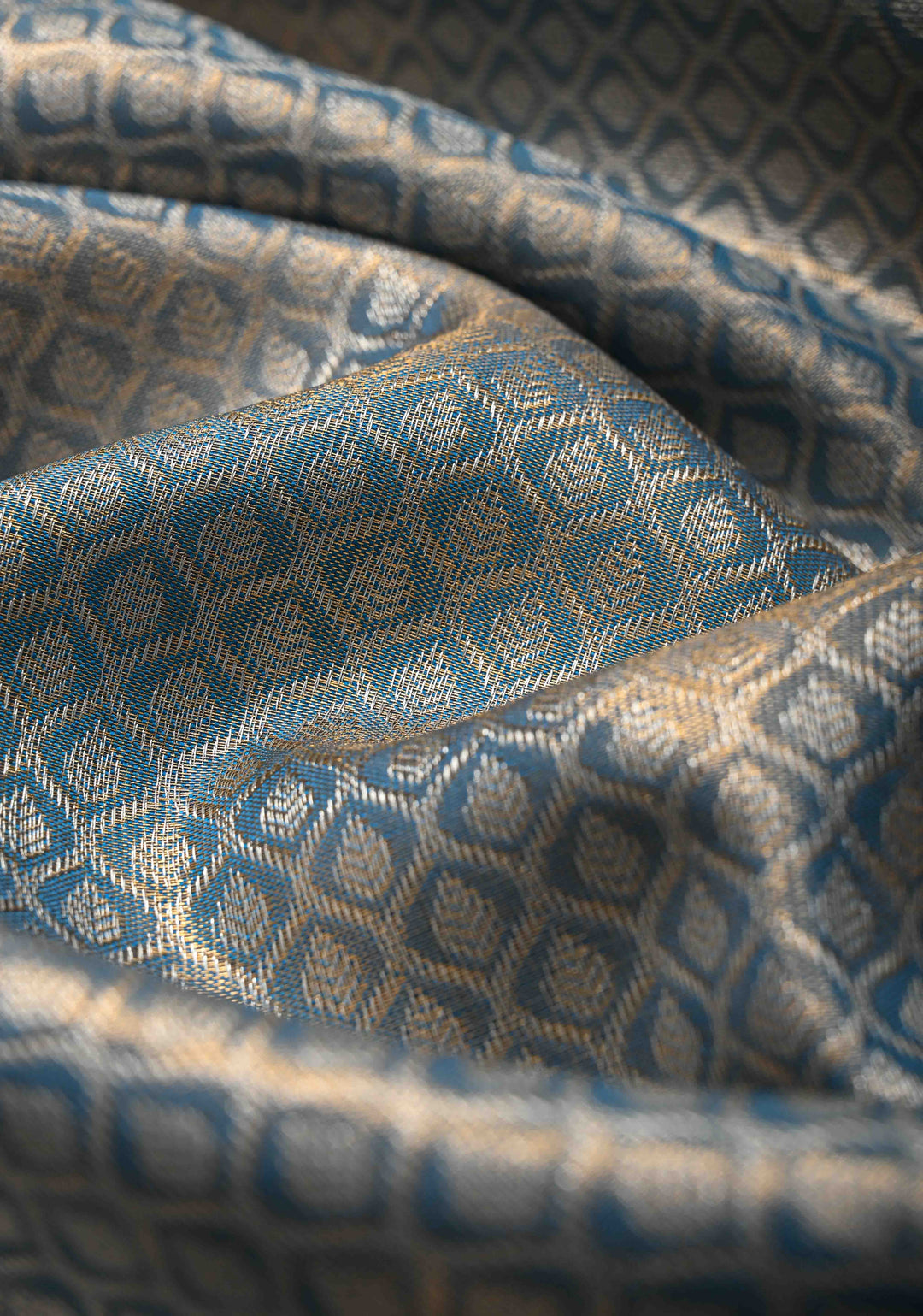 Peacock Blue Brocade on Kanjivaram Tissue Semi Silk Saree with Contrast Zari Border