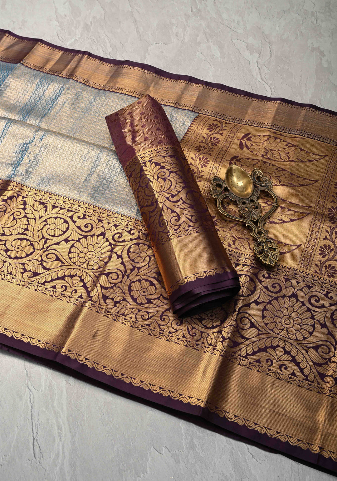 Peacock Blue Brocade on Kanjivaram Tissue Semi Silk Saree with Contrast Zari Border
