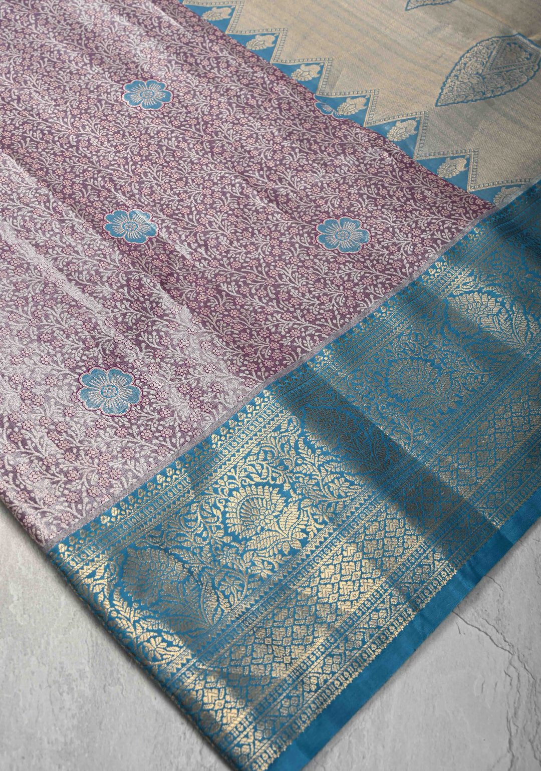 Plum Kanjivaram Tissue Semi Silk Saree with Floral Meenakari Brocade and Contrast Zari Border