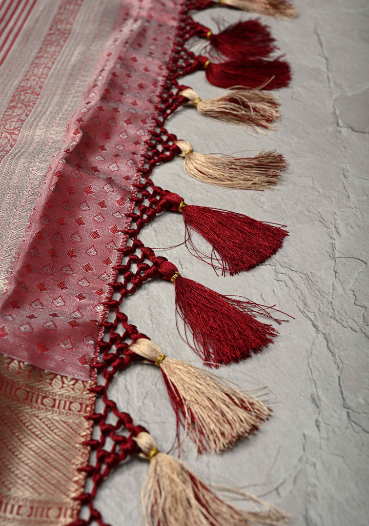 Dusty Liilac Kanjivaram Tissue Semi Silk Saree with Meenakari Brocade and Contrast Zari Border
