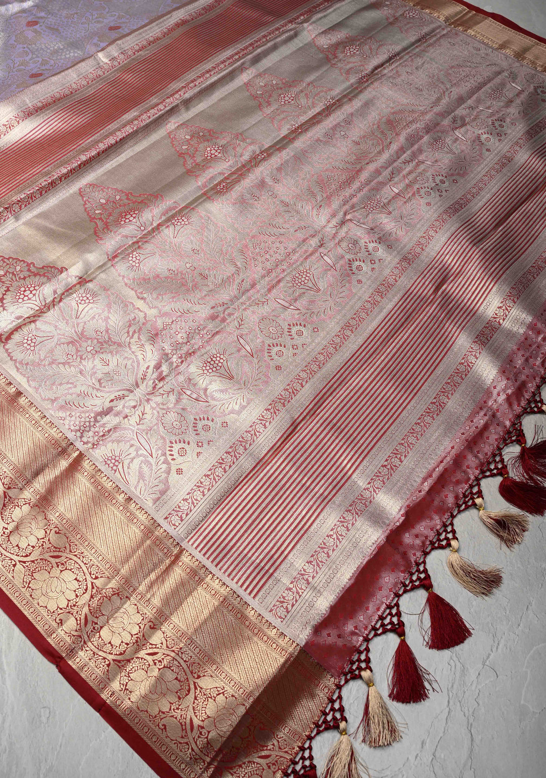 Dusty Liilac Kanjivaram Tissue Semi Silk Saree with Meenakari Brocade and Contrast Zari Border
