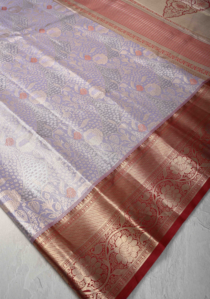 Dusty Liilac Kanjivaram Tissue Semi Silk Saree with Meenakari Brocade and Contrast Zari Border