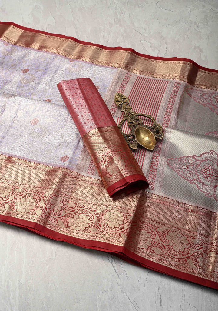 Dusty Liilac Kanjivaram Tissue Semi Silk Saree with Meenakari Brocade and Contrast Zari Border
