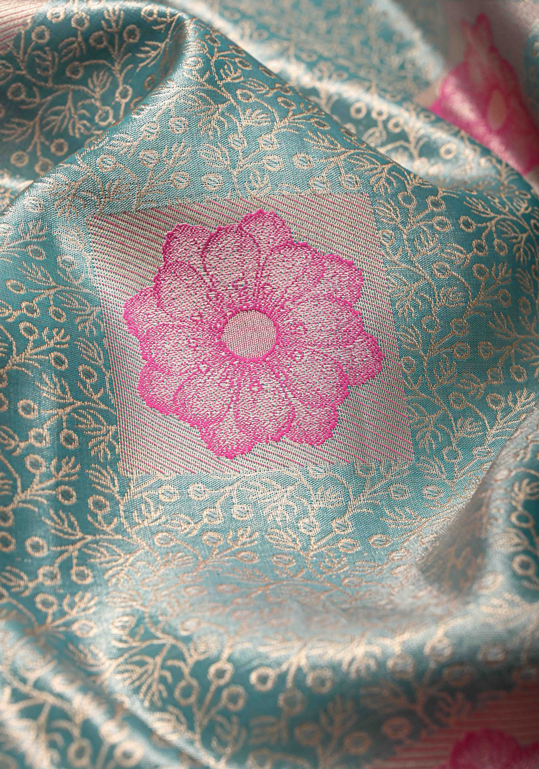 Green Brocade on Kanjivaram Tissue Semi Silk Saree with Meenakari Buttas and Contrast Zari Border