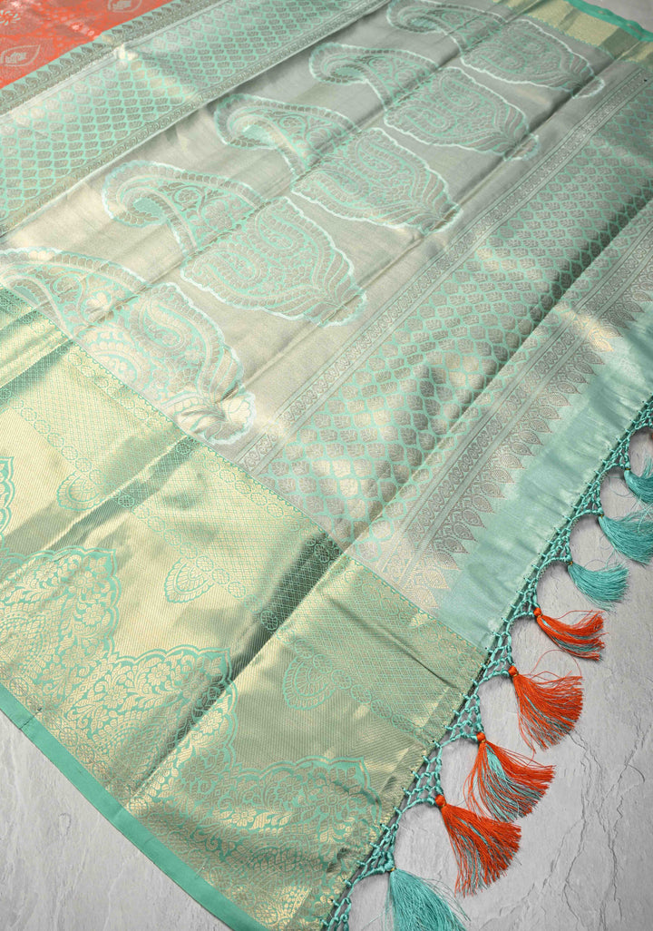 Orange Kanjivaram Tissue Semi Silk Saree with Meenakari Floral Brocade and Contrast Zari Border