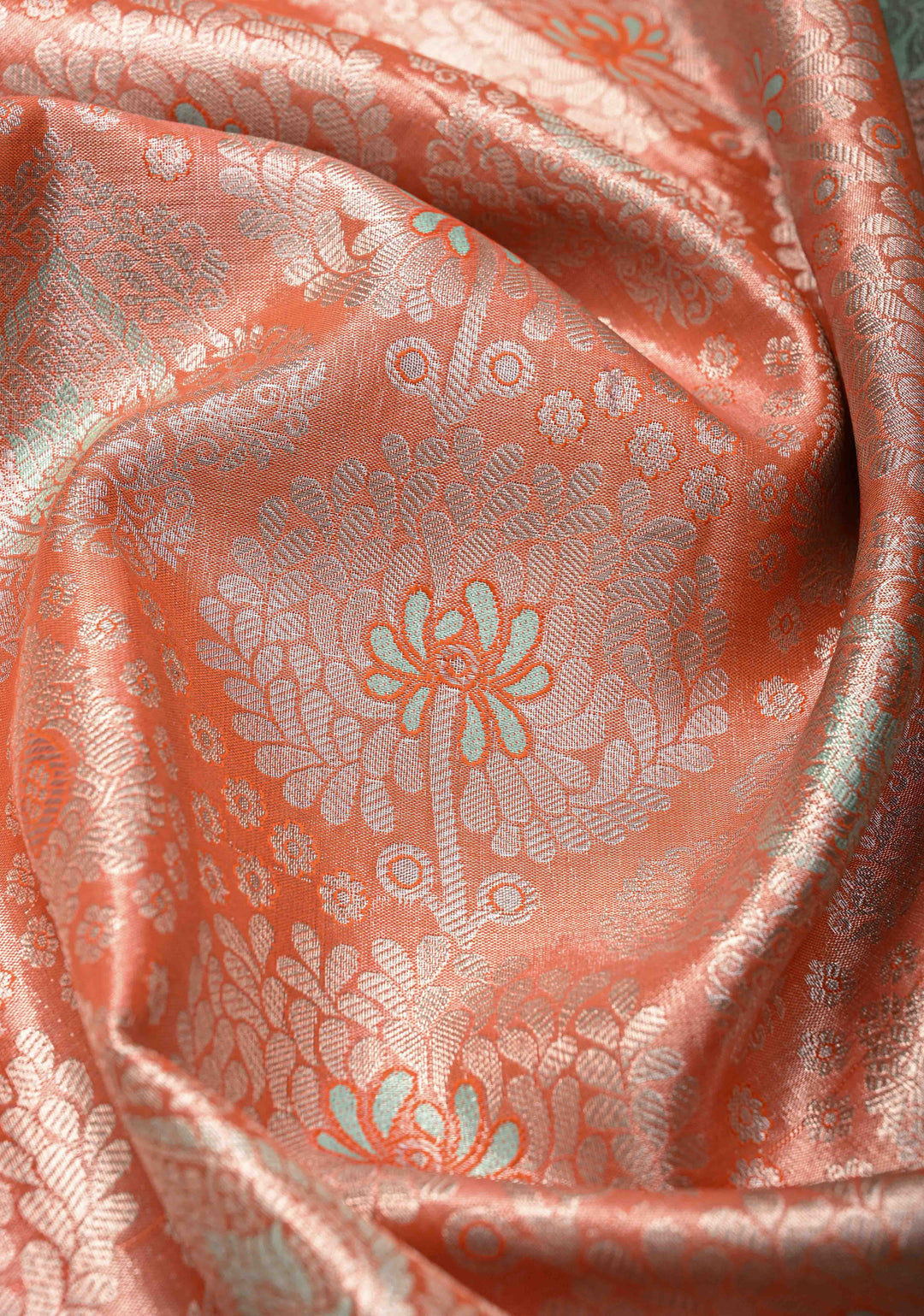Orange Kanjivaram Tissue Semi Silk Saree with Meenakari Floral Brocade and Contrast Zari Border
