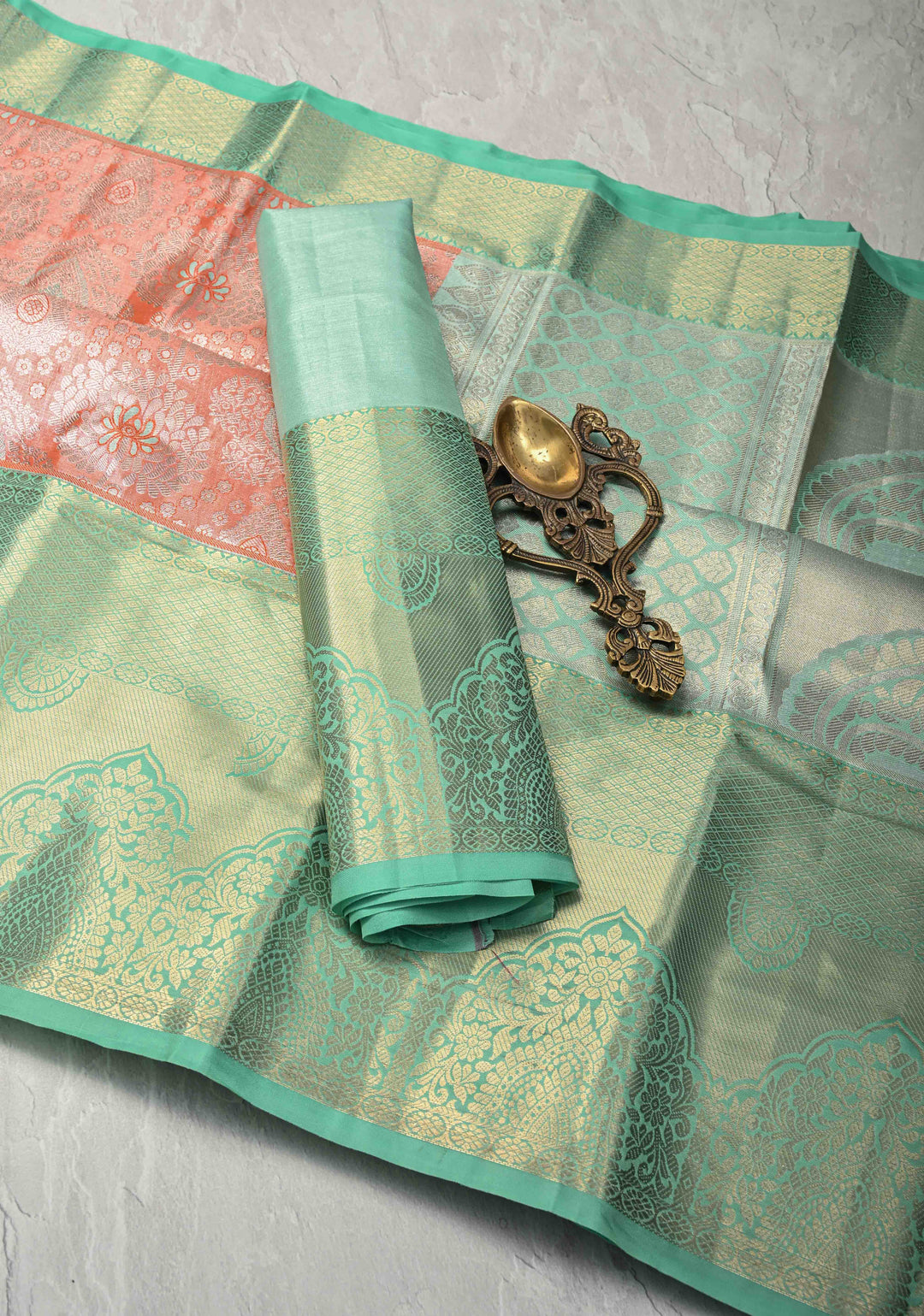 Orange Kanjivaram Tissue Semi Silk Saree with Meenakari Floral Brocade and Contrast Zari Border
