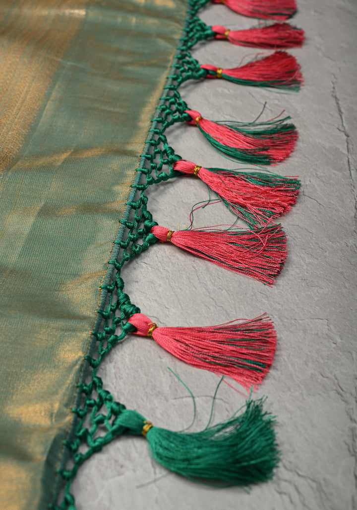 Blue Brocade Jaal on Kanjivaram Tissue Semi Silk Saree with Meenakari Twin Birds Buttas and Contrast Zari Border