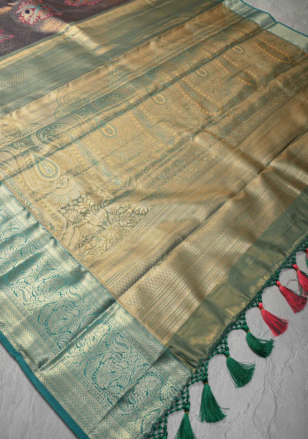 Blue Brocade Jaal on Kanjivaram Tissue Semi Silk Saree with Meenakari Twin Birds Buttas and Contrast Zari Border