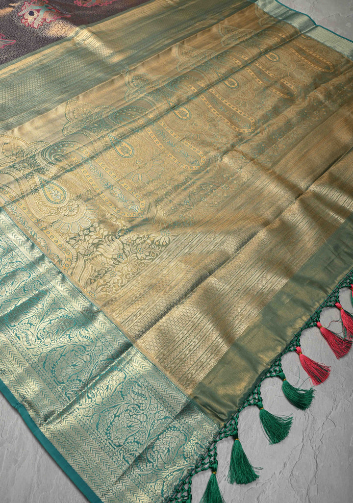Blue Brocade Jaal on Kanjivaram Tissue Semi Silk Saree with Meenakari Twin Birds Buttas and Contrast Zari Border