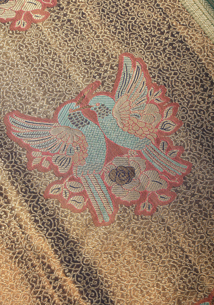 Blue Brocade Jaal on Kanjivaram Tissue Semi Silk Saree with Meenakari Twin Birds Buttas and Contrast Zari Border