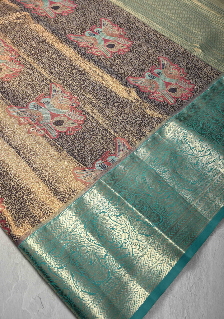 Blue Brocade Jaal on Kanjivaram Tissue Semi Silk Saree with Meenakari Twin Birds Buttas and Contrast Zari Border