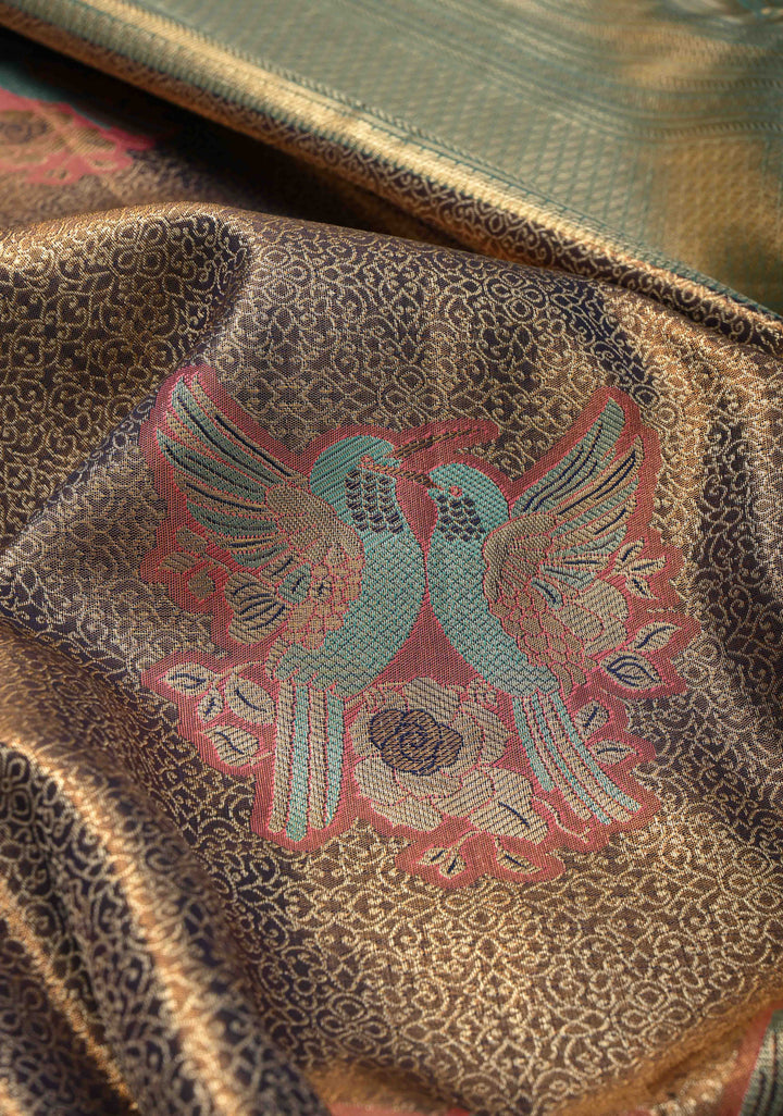 Blue Brocade Jaal on Kanjivaram Tissue Semi Silk Saree with Meenakari Twin Birds Buttas and Contrast Zari Border
