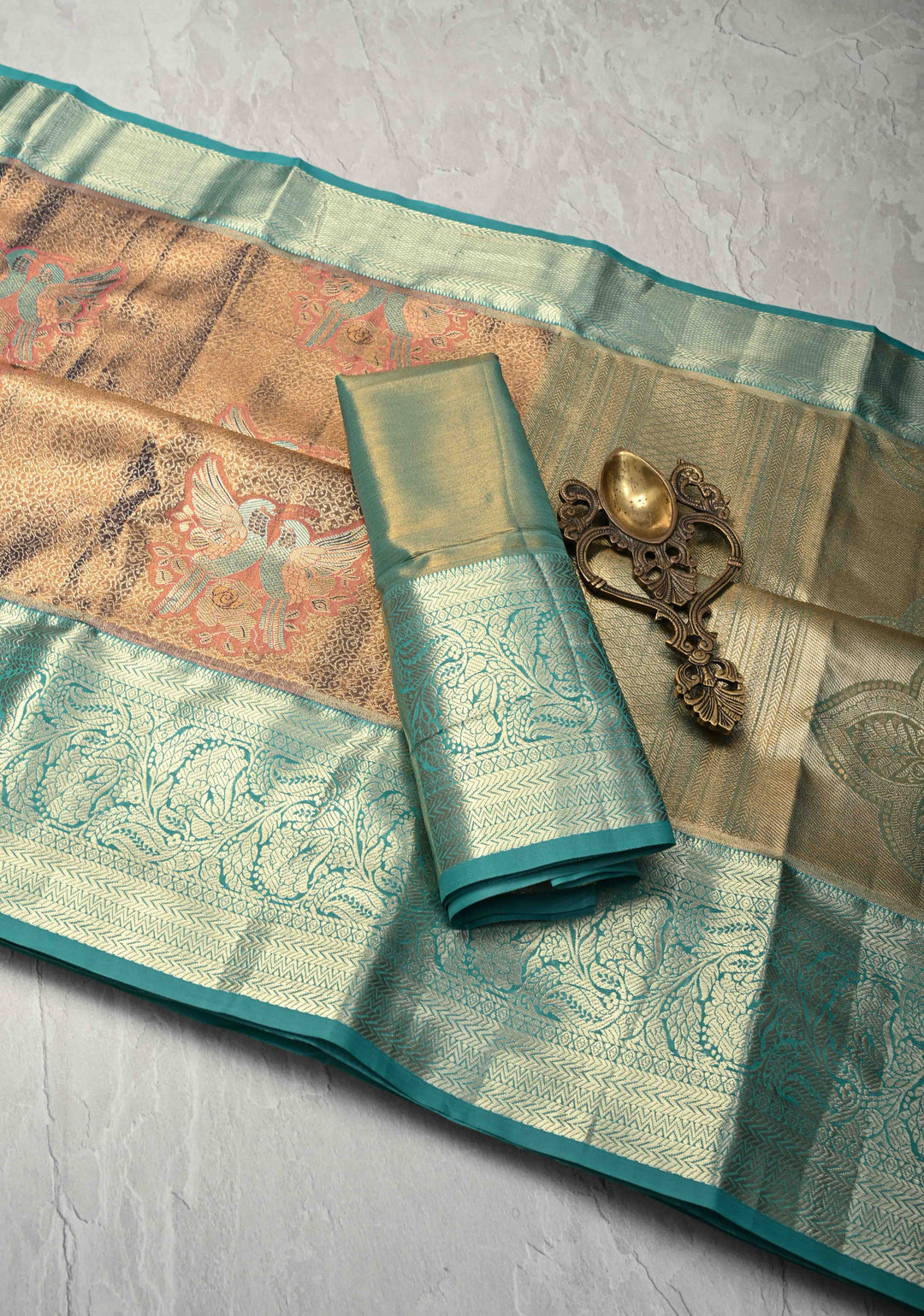 Blue Brocade Jaal on Kanjivaram Tissue Semi Silk Saree with Meenakari Twin Birds Buttas and Contrast Zari Border